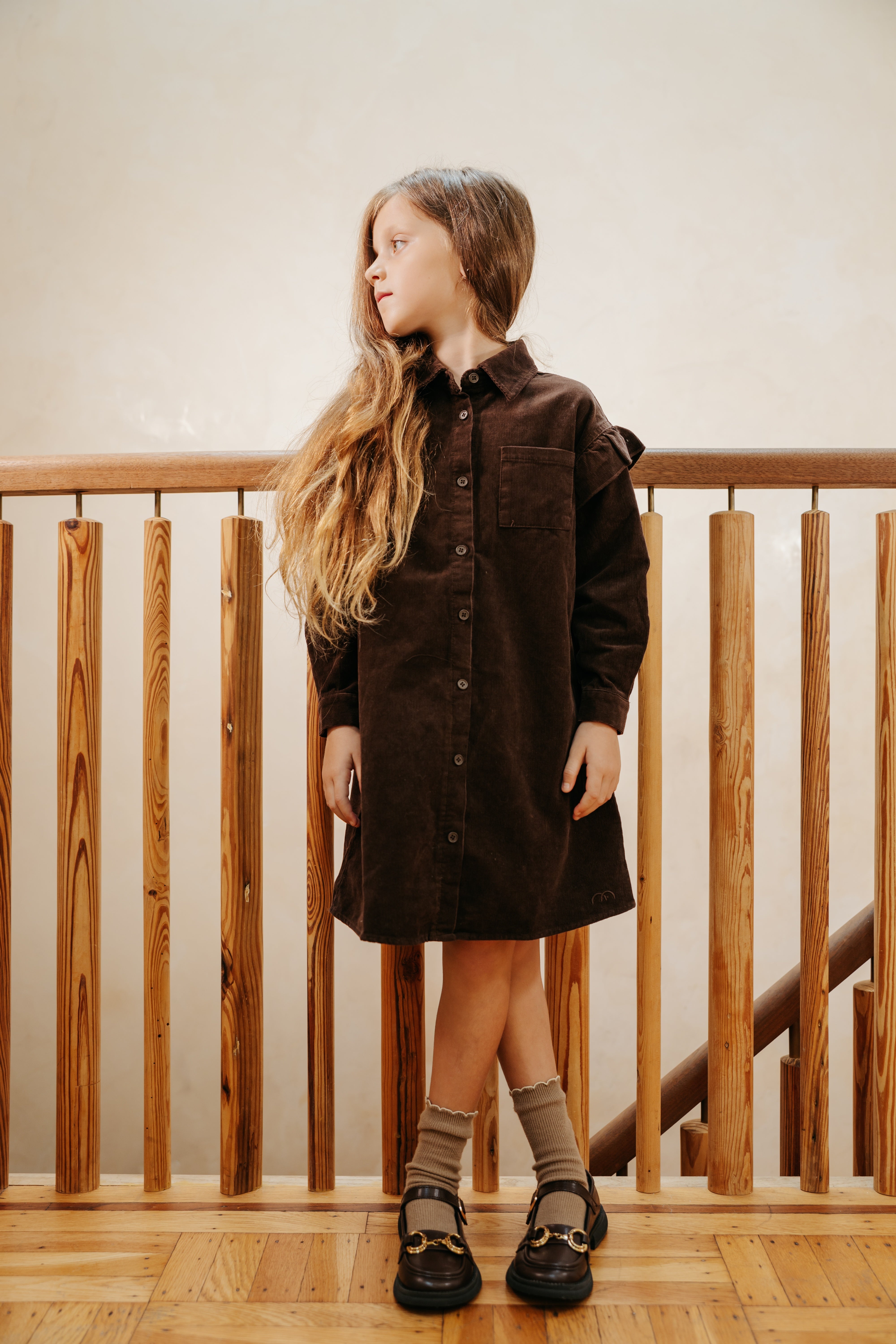 Ruffle Sleeve Washed Corduroy Shirt Dress