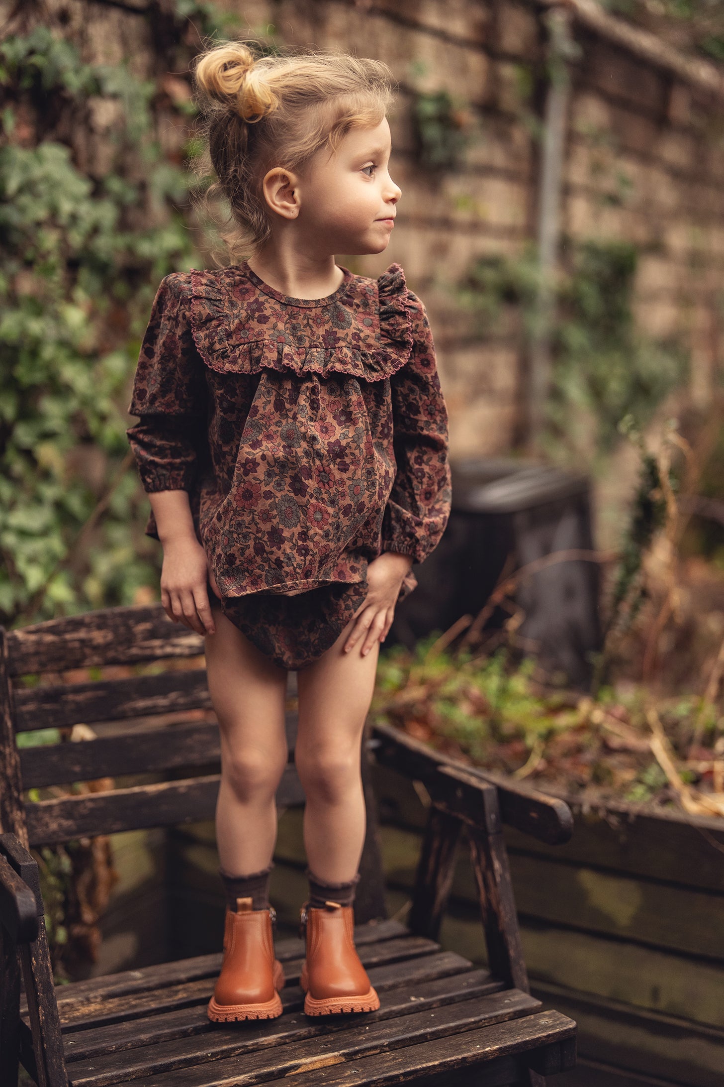 Corduroy Flower Print Baby Girl Blouse and Bloomer Set