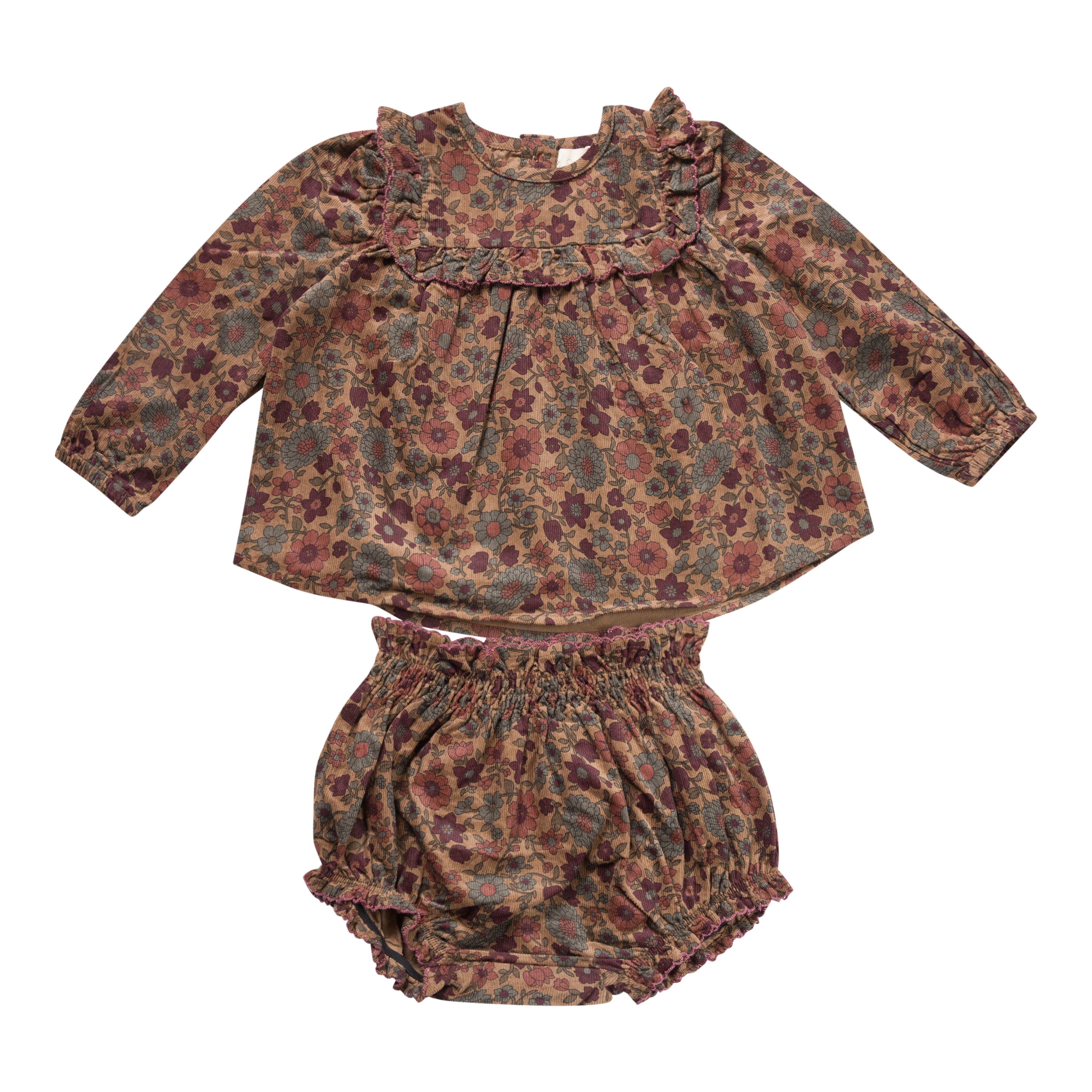 Corduroy Flower Print Baby Girl Blouse and Bloomer Set